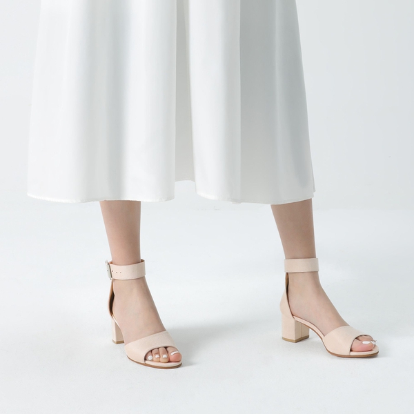 Block Heel Ankle Strap Sandals - NUDE SUEDE - 1